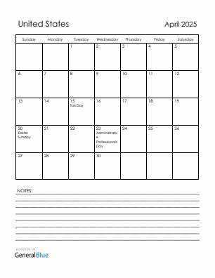 Current month calendar with United States holidays for April 2025