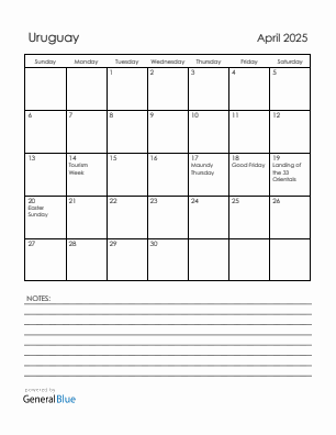 Current month calendar with Uruguay holidays for April 2025