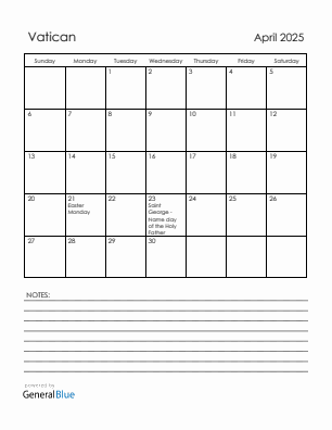 Current month calendar with Vatican holidays for April 2025