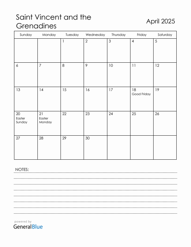 April 2025 Saint Vincent and the Grenadines Calendar with Holidays (Sunday Start)