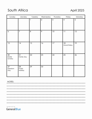Current month calendar with South Africa holidays for April 2025