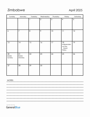 Current month calendar with Zimbabwe holidays for April 2025