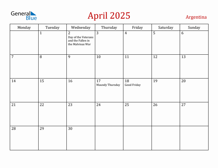 Argentina April 2025 Calendar - Monday Start