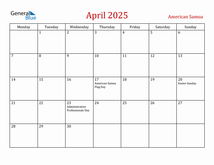 American Samoa April 2025 Calendar - Monday Start