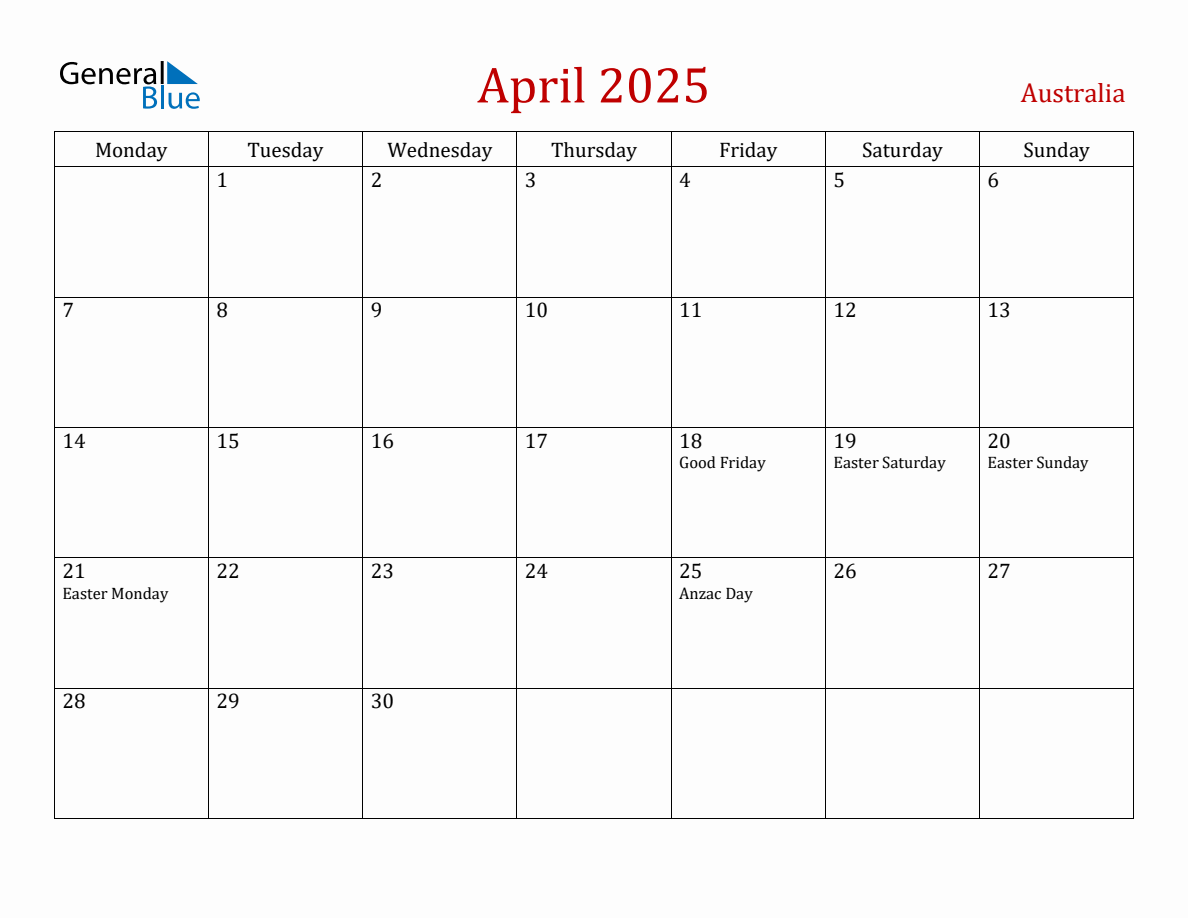 April 2025 Australia Monthly Calendar with Holidays