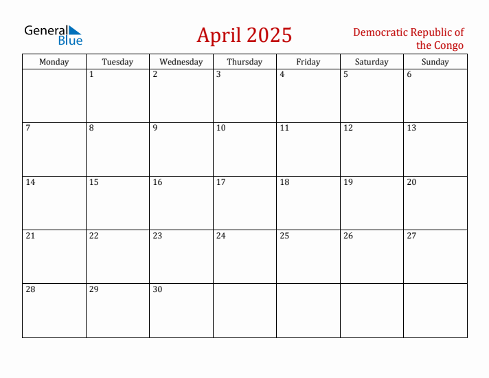 Democratic Republic of the Congo April 2025 Calendar - Monday Start