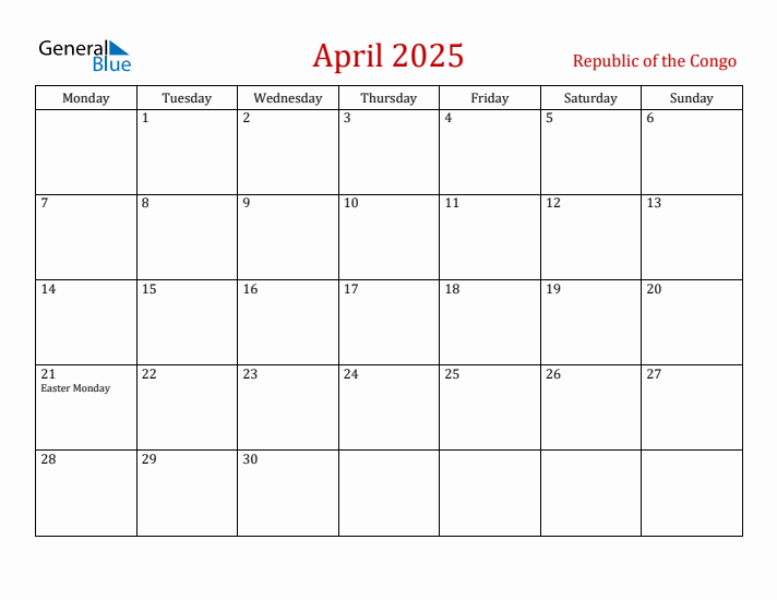 Republic of the Congo April 2025 Calendar - Monday Start