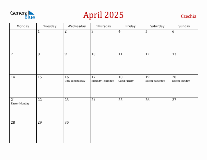 Czechia April 2025 Calendar - Monday Start