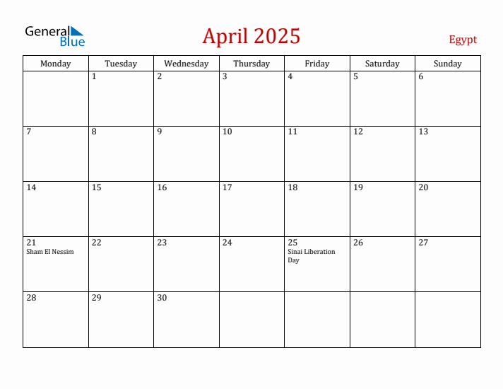 Egypt April 2025 Calendar - Monday Start