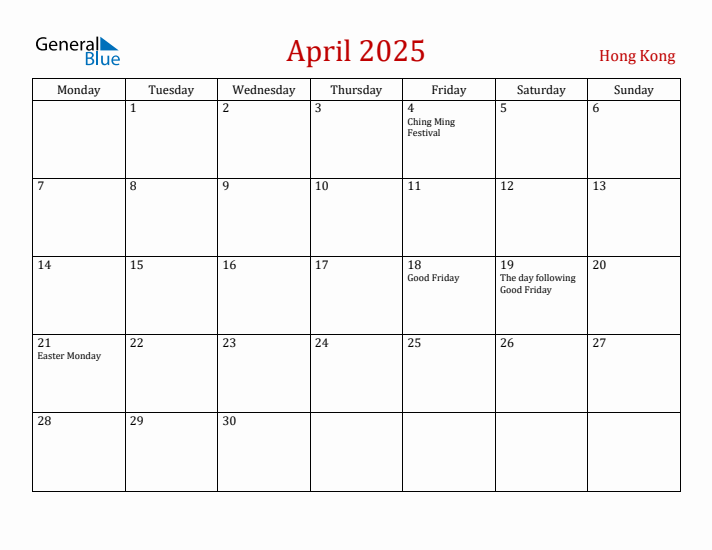 Hong Kong April 2025 Calendar - Monday Start