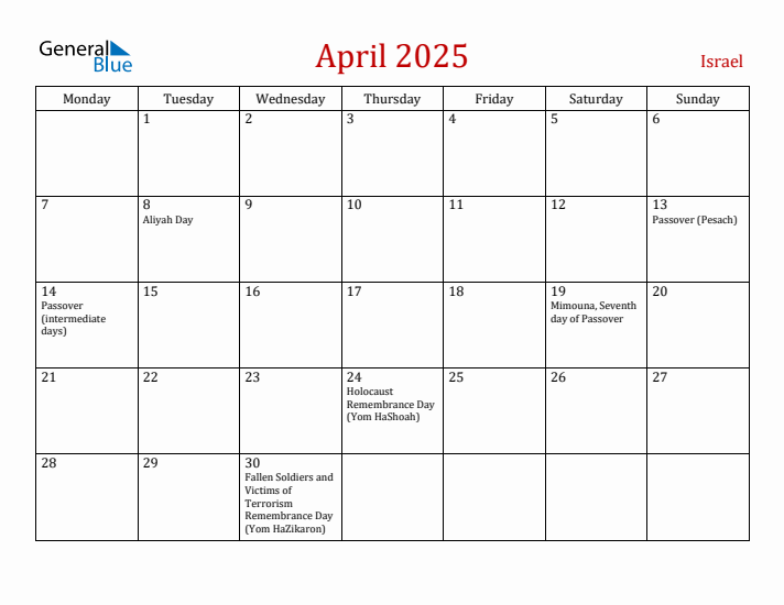 Israel April 2025 Calendar - Monday Start
