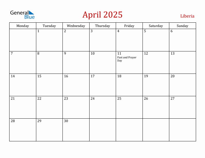 Liberia April 2025 Calendar - Monday Start