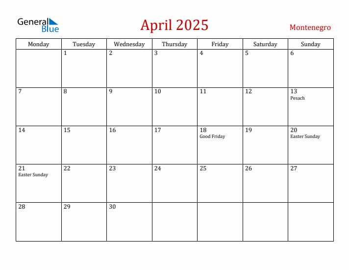 Montenegro April 2025 Calendar - Monday Start
