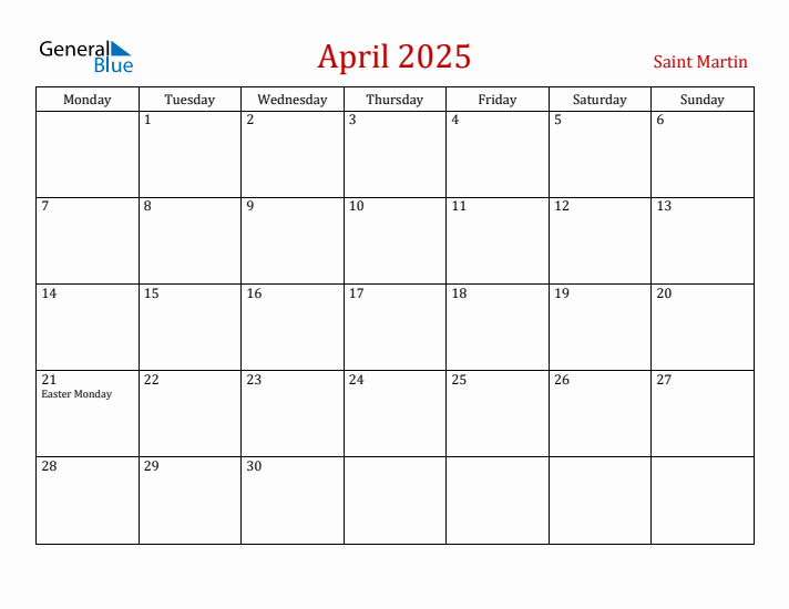 Saint Martin April 2025 Calendar - Monday Start