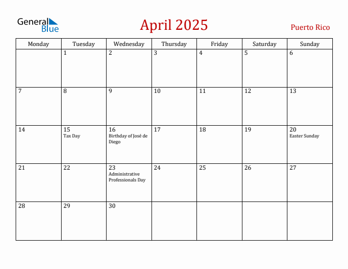 Puerto Rico April 2025 Calendar - Monday Start
