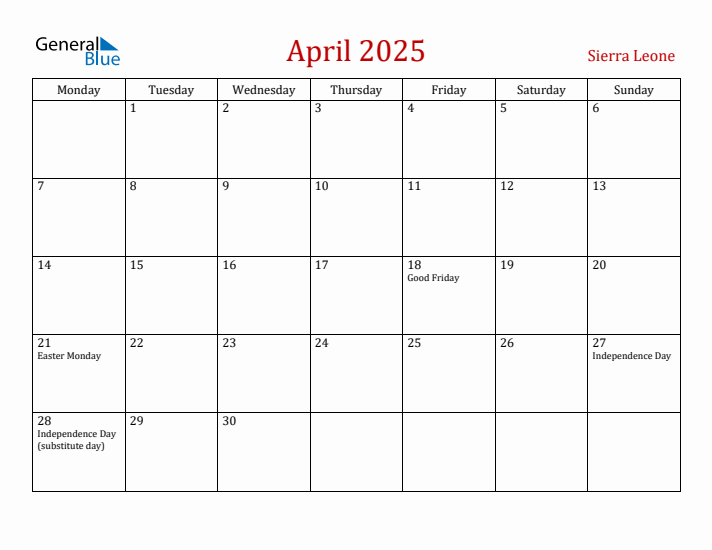 Sierra Leone April 2025 Calendar - Monday Start