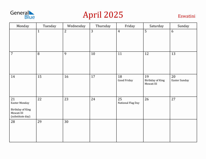 Eswatini April 2025 Calendar - Monday Start
