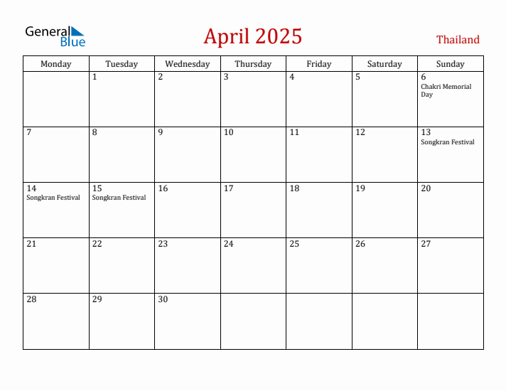 Thailand April 2025 Calendar - Monday Start