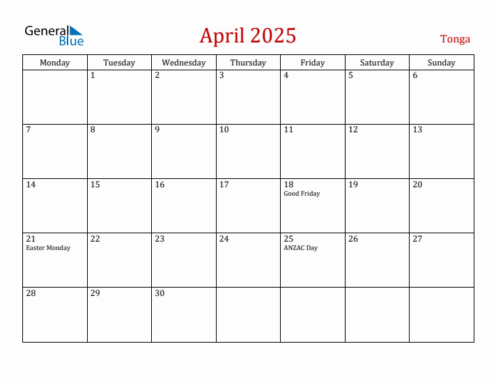 Tonga April 2025 Calendar - Monday Start