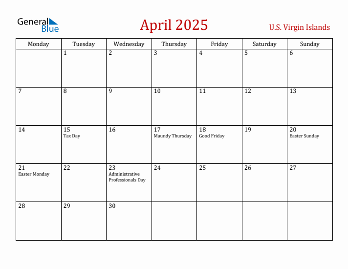 U.S. Virgin Islands April 2025 Calendar - Monday Start