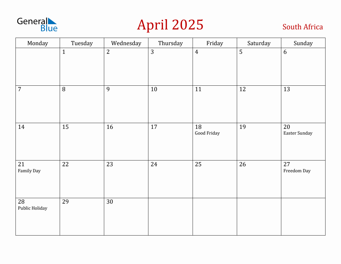 April 2025 South Africa Monthly Calendar with Holidays (Monday Start)