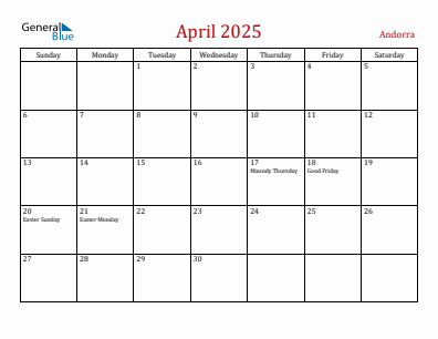 Current month calendar with Andorra holidays for April 2025