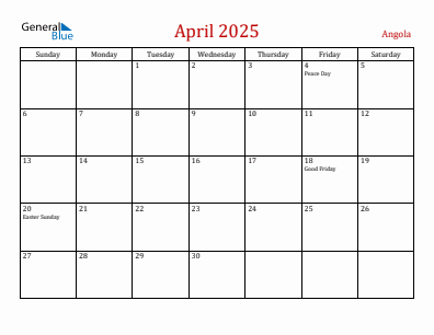 Current month calendar with Angola holidays for April 2025