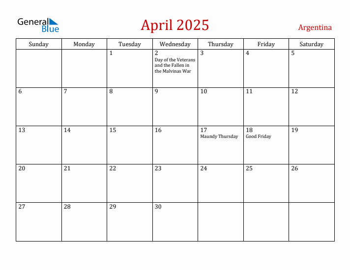 Argentina April 2025 Calendar - Sunday Start