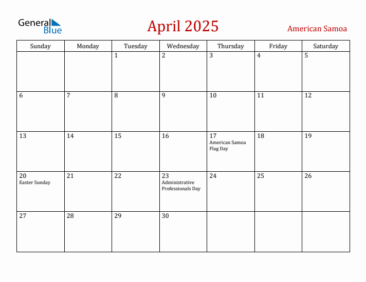 American Samoa April 2025 Calendar - Sunday Start