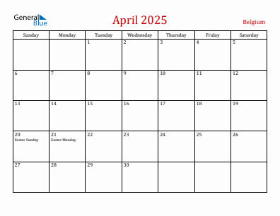 Current month calendar with Belgium holidays for April 2025