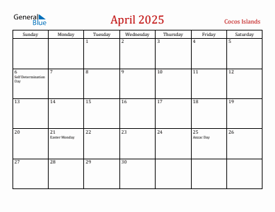 Current month calendar with Cocos Islands holidays for April 2025