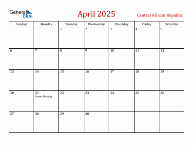 Current month calendar with Central African Republic holidays for April 2025