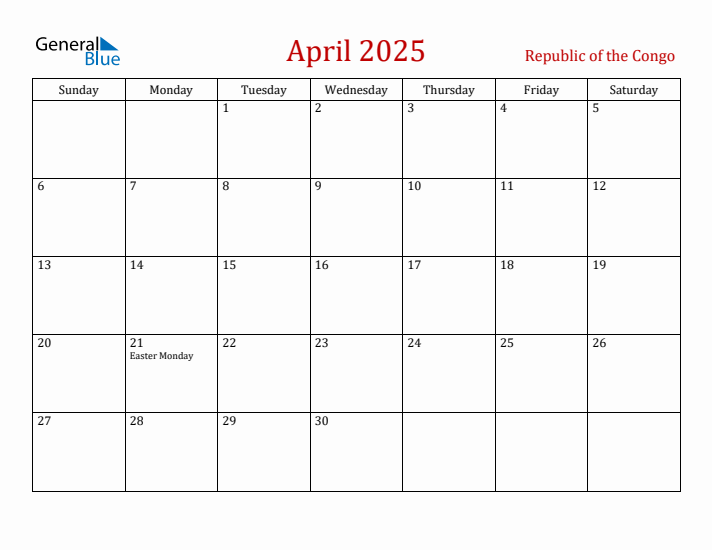 Republic of the Congo April 2025 Calendar - Sunday Start