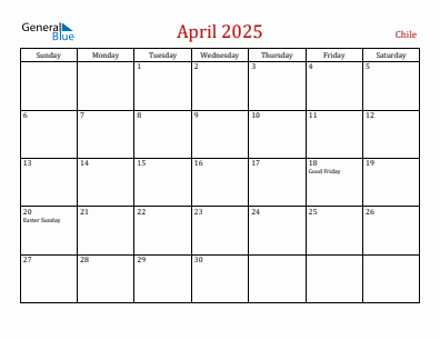 Current month calendar with Chile holidays for April 2025