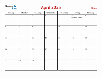 Current month calendar with China holidays for April 2025