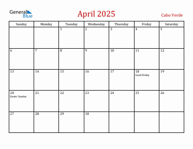Current month calendar with Cabo Verde holidays for April 2025