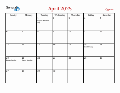 Current month calendar with Cyprus holidays for April 2025