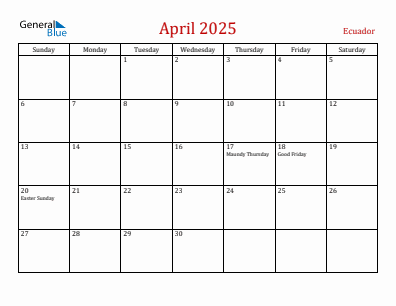 Current month calendar with Ecuador holidays for April 2025