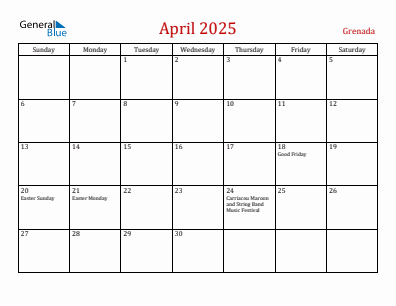 Current month calendar with Grenada holidays for April 2025