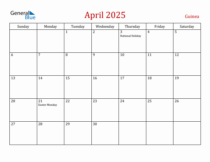 Guinea April 2025 Calendar - Sunday Start