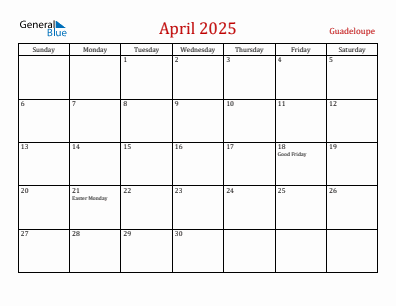Current month calendar with Guadeloupe holidays for April 2025
