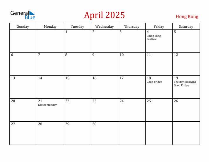 Hong Kong April 2025 Calendar - Sunday Start
