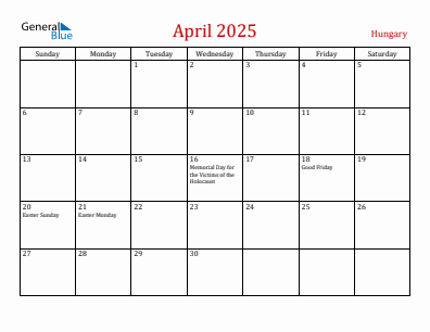 Current month calendar with Hungary holidays for April 2025