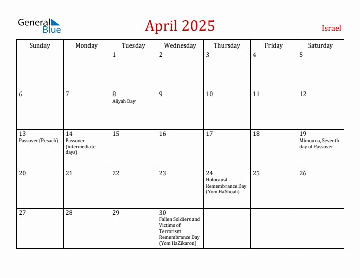 Israel April 2025 Calendar - Sunday Start