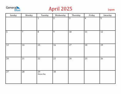 Current month calendar with Japan holidays for April 2025