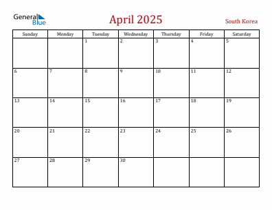 Current month calendar with South Korea holidays for April 2025