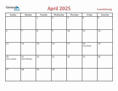 Current month calendar with Luxembourg holidays for April 2025