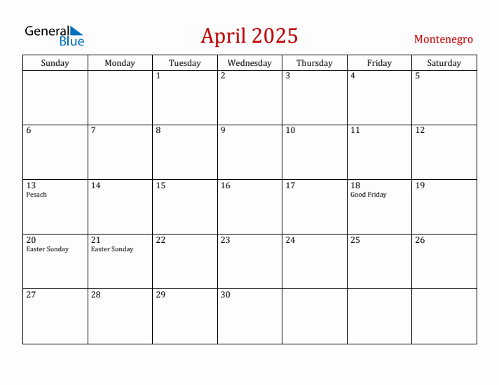 Montenegro April 2025 Calendar - Sunday Start