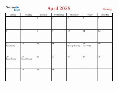 Current month calendar with Norway holidays for April 2025