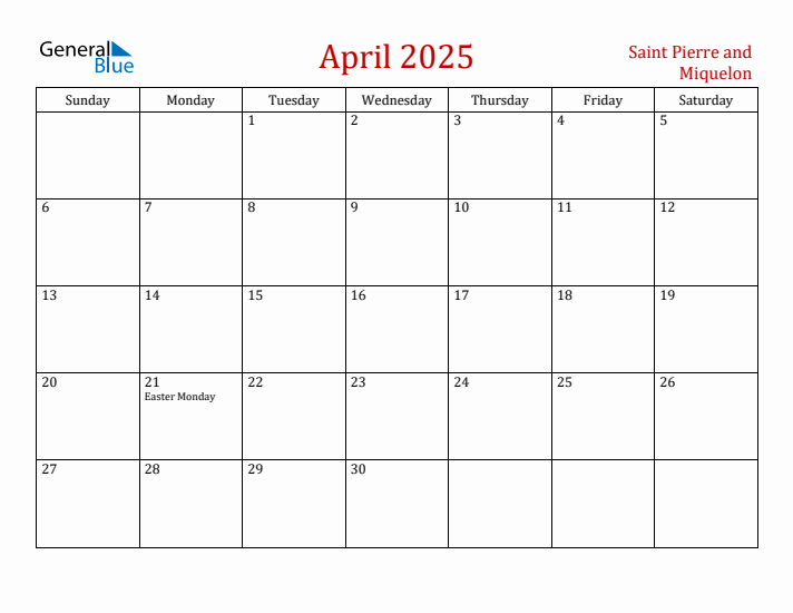 Saint Pierre and Miquelon April 2025 Calendar - Sunday Start